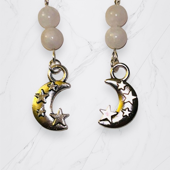 Hand Crafted Jewelry - Hand Crafted Earrings Moonstone Moon & Star Dangle Pierced Silver White